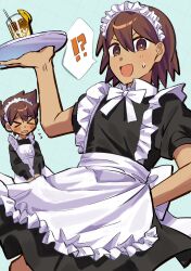 !? &gt;_&lt; 2boys absurdres alternate_costume blush bright_pupils brothers brown_eyes brown_hair cup drinking_glass drinking_straw enmaided flying_sweatdrops genk1zam4s hero_(faraway)_(omori) hero_(omori) highres holding holding_cup holding_tray kel_(faraway)_(omori) kel_(omori) long_sleeves looking_at_viewer maid maid_headdress multiple_boys omori open_mouth puffy_short_sleeves puffy_sleeves short_hair short_sleeves siblings smile speech_bubble spoken_interrobang sweatdrop tray white_pupils