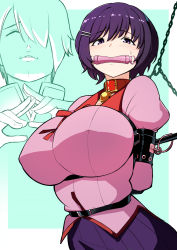 1boy 1girl araragi_koyomi arms_behind_back bdsm bell bit_gag bondage bondage_gear bound breasts chain covered_erect_nipples gag gagged hair_ornament hairclip hanekawa_tsubasa highres large_breasts monogatari_(series) naoetsu_high_school_uniform neck_bell pink_shirt purple_skirt rebake school_uniform shirt short_hair skirt
