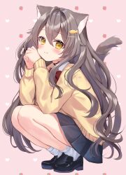 1girl ahoge animal_ears black_skirt blush bow brown_hair cat_day cat_ears cat_girl cat_tail choker commentary_request double-parted_bangs fish_hair_ornament hair_between_eyes hair_ornament hamico highres loafers long_hair looking_at_viewer original own_hands_together pleated_skirt red_bow school_uniform shoes skirt smile solo squatting sweater tail thighs very_long_hair yellow_eyes yellow_sweater