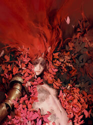 1girl absurdres amputee bug butterfly elden_ring hair_over_eyes highres igor_sid insect long_hair malenia_blade_of_miquella malenia_goddess_of_rot no_eyes prosthesis red_hair solo upper_body very_long_hair wavy_hair