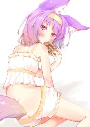 1girl absurdres animal_ear_fluff animal_ears blush butt_crack donut eating eyes_visible_through_hair food fox_ears fox_girl fox_tail frilled_nightgown gradient_hair hairband hatsuse_izuna highres holding holding_donut holding_food kemotaiyou looking_at_viewer looking_back multicolored_hair nightgown no_game_no_life purple_eyes purple_hair purple_tail short_hair simple_background slit_pupils solo tail white_background white_nightgown