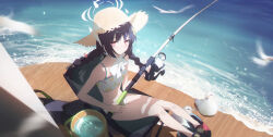 1girl absurdres bikini bird black_hair blue_archive braid crocs fishing_rod hat hayate_(1034853996) highres holding holding_fishing_rod leaf_print looking_at_viewer miyu_(blue_archive) miyu_(swimsuit)_(blue_archive) ocean official_alternate_costume official_alternate_hairstyle on_chair red_eyes sitting solo straw_hat swimsuit twin_braids white_bikini