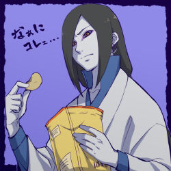 Rule 34 | 1boy, black hair, chips (food), closed mouth, earrings, food, holding, holding food, jewelry, long hair, looking at viewer, makidsume, male focus, naruto (classic), naruto (series), orochimaru (naruto), pale skin, purple background, single earring, slit pupils, solo, upper body, yellow eyes