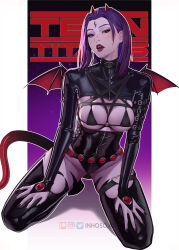 1girl bat_wings belt black_bra black_bridal_gauntlets black_eyes black_leotard black_shrug black_thighhighs bra breasts bridal_gauntlets choker copyright_name dc_comics demon_horns demon_tail diamond_(shape) english_text forehead_jewel gem half-leotard hands_on_own_thighs heart heart_o-ring heart_ring_choker highres horns inhoso kneeling large_breasts leotard looking_at_viewer medium_hair micro_bra o-ring o-ring_choker o-ring_thigh_strap open_mouth purple_background purple_hair raven_(dc) red_gemstone red_horns red_lips red_wings shrug_(clothing) simple_background solo straight_hair tail teen_titans teeth thigh_strap thighhighs underwear upper_teeth_only white_background wings zipper