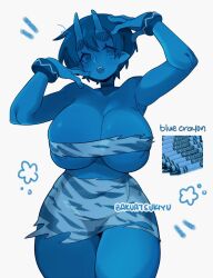 1girl :o animal_print armpit_crease artist_name bakuatsukiyu blue_choker blue_hair blue_oni blue_skin bracelet breasts broken_horn choker cleavage colored_skin commentary cowboy_shot crayon double-parted_bangs english_commentary hand_on_own_head hands_up horns huge_breasts jewelry loincloth looking_at_viewer oni open_mouth original personification pointy_ears short_hair simple_background skin-covered_horns solo teeth tiger_print upper_teeth_only white_background