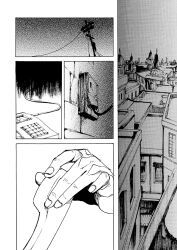 cityscape comic corded_phone dio_brando greyscale hand_focus holding holding_phone jojo_no_kimyou_na_bouken merumeru626 monochrome phone screentones silent_comic stardust_crusaders