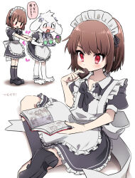 1boy 1other alternate_costume apron asriel_dreemurr back_bow barefoot black_bow black_bowtie black_dress black_ribbon black_shoes black_socks blush bob_cut bow bowtie chara_(undertale) chocolate clothes_lift collared_dress commentary_request crossdressing cup dress dress_lift drinking_glass drinking_straw enmaided food foot_out_of_frame frilled_apron frills full_body furry furry_male goat_boy headdress holding holding_chocolate holding_food holding_manga holding_tray implied_pantyshot knee_up kneehighs leftporygon legwear_garter lifting_another&#039;s_clothes maid maid_apron maid_headdress manga_(object) mary_janes medium_dress multiple_views nose_blush other_focus puffy_short_sleeves puffy_sleeves reading red_eyes ribbon ribbon_trim shadow shoes short_hair short_sleeves simple_background sitting socks solid_oval_eyes sound_effects standing step-siblings translation_request tray undertale v-shaped_eyebrows white_apron white_background white_bow white_fur white_headdress white_sleeve_cuffs