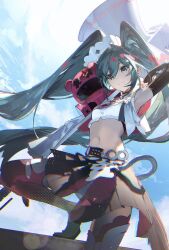 1girl black_gloves black_pants blue_background blue_eyes blue_hair breasts cloud commentary commentary_request cropped_shirt elbow_gloves english_commentary fingerless_gloves gloves goodsmile_racing green_shoes hair_between_eyes hatsune_miku highres holding holding_megaphone karasuro looking_at_viewer megaphone multicolored_hair navel pants pink_hair racing_miku racing_miku_(2025) shirt shoes sleeveless sleeveless_shirt small_breasts smile solo squatting streaked_hair twintails vocaloid