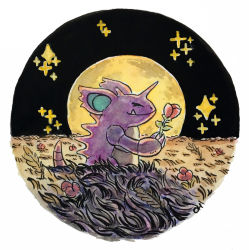 closed_eyes commentary creature english_commentary fang flower full_moon gen_1_pokemon grass highres holding holding_flower moon nidoking night night_sky nintendo no_humans oliver_hamlin outdoors pokemon pokemon_(creature) profile red_flower round_image sky smile