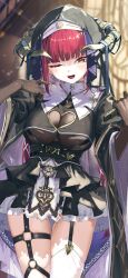 1girl ;d akasaai arrow_through_heart black_dress black_gloves blunt_bangs breasts cleavage_cutout clothing_cutout coif commentary dress earrings fanged_bangs frilled_dress frills gloves guimpe hands_up heart_cutout highres holding hololive horns houshou_marine houshou_marine_(ahoy!!_you&#039;re_all_pirates) jewelry large_breasts legwear_garter long_hair looking_at_viewer necklace o-ring o-ring_thigh_strap official_alternate_costume official_alternate_hairstyle one_eye_closed open_mouth red_eyes red_hair short_dress single_thighhigh smile solo teeth thigh_strap thighhighs underboob_cutout upper_teeth_only very_long_hair virtual_youtuber white_thighhighs