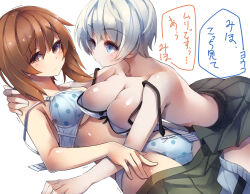 2girls black_skirt blue_bra blue_eyes blue_panties blue_pants bow bow_bra bow_panties bra breasts brown_eyes brown_hair closed_mouth clothes_pull commentary crotch_seam frown girls_und_panzer green_skirt half-closed_eyes highres kneeling large_breasts leaning_forward looking_at_another looking_at_viewer lying medium_breasts miniskirt multiple_girls nishizumi_miho no_shirt on_back open_bra panties pants pants_pull pleated_skirt polka_dot polka_dot_bra polka_dot_panties sattinittas short_hair simple_background skirt skirt_pull strap_slip track_pants translated trembling underwear unfastened white_background white_bra white_hair youko_(girls_und_panzer) yuri
