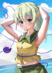 1girl absurdres adjusting_hair armpits arms_up bare_arms blush breasts buttons closed_mouth cloud collarbone commentary_request cowboy_shot cumulonimbus_cloud diamond_button eyeball green_eyes green_hair green_skirt hair_between_eyes heart heart_of_string highres horizon komeiji_koishi long_hair looking_at_viewer medium_breasts midriff mouth_hold navel no_headwear outdoors ponytail shirt skirt sky sleeveless solo soo_kazahana third_eye touhou water wing_collar yellow_shirt