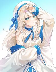 1girl absurdres arm_up blue_eyes blue_ribbon breasts cleavage closed_mouth commentary_request cowboy_shot dress earrings fingernails hat hat_ribbon highres indie_virtual_youtuber jacket jewelry long_hair looking_at_viewer medium_breasts nagino_mashiro nagino_mashiro_(1st_costume) neck_ribbon off_shoulder ribbon roko_(pe0e07) second-party_source solo virtual_youtuber white_dress white_hair white_hat white_jacket