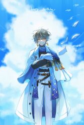 1boy absurdres belt black_shirt blue_hair blue_scarf blue_sky brown_belt cloud cloudy_sky coat commentary dated earrings english_commentary feet_out_of_frame fishnet_gloves fishnets glasses gloves green_eyes green_hair grin hair_between_eyes happy_birthday highres holding holding_paper ike_eveland ike_eveland_(1st_costume) jewelry long_sleeves looking_at_viewer male_focus mikaela_leo nijisanji nijisanji_en pants paper pouch quilldren_(ike_eveland) scarf shirt sky smile solo standing tassel virtual_youtuber white_coat white_pants