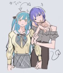 2girls bang_dream! bang_dream!_it&#039;s_mygo!!!!! black_choker black_ribbon black_skirt blue_background blue_eyes blue_hair choker closed_mouth commentary drawn_horns drawn_tail grey_shirt grey_skirt hair_ribbon highres locked_arms long_hair m_no_harawata multiple_girls off-shoulder_shirt off_shoulder ribbon shirt short_hair simple_background skirt togawa_sakiko tongue tongue_out two_side_up yellow_eyes yellow_shirt yuutenji_nyamu