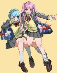 2girls akitsu_123 blue_hair blush boo_(mario) braid breasts brown_eyes cleavage closed_mouth collared_shirt cookie_monster crown_braid fire_emblem fire_emblem:_three_houses grey_jacket grey_skirt hello_kitty hello_kitty_(character) highres hilda_valentine_goneril jacket kirby kirby_(series) kneehighs long_hair long_sleeves looking_at_viewer luma_(mario) marianne_von_edmund mario_(series) medium_breasts multiple_girls nintendo open_clothes open_jacket open_mouth pink_eyes pink_hair pleated_skirt red_ribbon ribbon sanrio school_uniform sesame_street shirt short_hair skirt smile socks sweater twintails white_shirt white_socks yellow_sweater