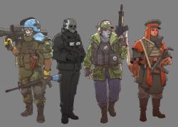 4boys arm_blade armor baseball_cap black_footwear black_gloves black_jacket blue_pants boots bulletproof_vest camouflage camouflage_jacket fingerless_gloves flare gloves green_jacket gun hat hat_legs helmet jacket mask military_combat_uniform military_uniform mouth_mask multiple_boys pants rifle rocket_launcher russian_clothes scp_foundation skull skull_mask submachine_gun tentacle_hands visor_lift weapon yellow_gloves