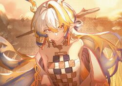 Rule 34 | 1girl, absurdres, arknights, bare shoulders, blonde hair, blue hair, closed mouth, commentary, dragon girl, dragon horns, earrings, english commentary, floating hair, grey eyes, hair between eyes, hair intakes, highres, horns, jewelry, long hair, looking at viewer, multicolored hair, necklace, off shoulder, orange eyes, peemy, pointy ears, shu (arknights), smile, solo, strapless, tube top, upper body, very long hair, white hair, white tube top