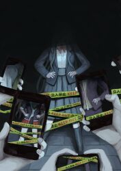 1girl 5others absurdres black_jacket black_skirt black_socks collared_shirt danganronpa:_trigger_happy_havoc danganronpa_(series) danganronpa_2:_goodbye_despair danganronpa_v3:_killing_harmony dress_shirt enoshima_junko hands_on_own_hips highres hinata_hajime jacket kneehighs long_hair long_sleeves multiple_others neck_ribbon open_clothes open_jacket part7_(1217ri_ri) pleated_skirt red_ribbon red_skirt ribbon shirogane_tsumugi shirt shirt_tucked_in skirt socks solo_focus taking_picture white_shirt