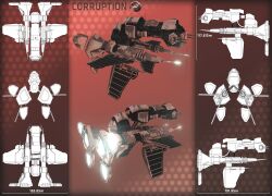 3d blueprint_(medium) cannon commentary concept_art destroyer_(eve_online) eve_online from_side glowing highres military_vehicle minmatar_republic_(eve_online) multiple_views no_humans original rak49 red_background red_theme science_fiction solar_panel spacecraft spaceship thrusters turret vehicle_focus