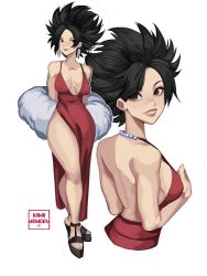 1girl alternate_costume back backboob black_footwear black_hair breasts caulifla dragon_ball dragon_ball_super dress earrings evening_gown full_body fur high_heels highres jewelry kamii_momoru looking_at_viewer multiple_views smile thick_thighs thighs white_background