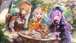 3four 3girls adjusting_eyewear black_hat blue_crown blue_eyes bow brown_hair cake cake_slice clio_aite clio_aite_(clio_2.0) crescent crescent_hair_ornament crown cup eepy_sleepy_(sleepy_2.0) food forest gleam hair_ornament hat highres light_rays long_hair looking_at_viewer macaron marimari_(vtuber) marimari_(vtuber)_(marimari_2.0) medium_hair multiple_girls nature official_art orange_bow own_hands_together phase_connect phase_invaders_quest pointy_ears purple_eyes purple_hair red_hat round_eyewear second-party_source short_hair eepy_sleepy teacup very_long_hair virtual_youtuber white_hair yellow_eyes