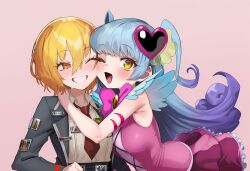 Rule 34 | 2girls, :d, absurdres, armpit crease, blonde hair, blue hair, blush, coat, collared shirt, don quixote (project moon), gradient hair, grey coat, grin, hachimedes, hair between eyes, hair ornament, hashtag-only commentary, highres, hug, limbus company, lobotomy corporation, looking at another, looking at viewer, multicolored hair, multiple girls, necktie, one eye closed, open mouth, orange eyes, pink background, pink skirt, pink vest, project moon, queen of hatred, red necktie, shirt, short hair, simple background, skirt, slit pupils, smile, two side up, upper body, vest, white shirt, yellow eyes