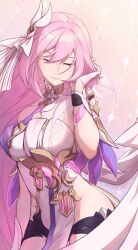 1girl black_shorts breasts cleavage closed_eyes closed_mouth commentary_request corset elf elysia_(herrscher_of_human:_ego)_(honkai_impact) elysia_(honkai_impact) gloves groin highres honkai_(series) honkai_impact_3rd large_breasts long_hair mugi_arashi pink_background pink_hair pointy_ears short_shorts shorts smile solo triquetra veil very_long_hair white_corset white_gloves white_veil