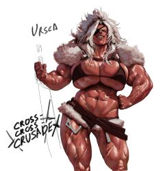1girl 2024 abs absurdres bikini bikini_top_only black_bikini boruburo breasts brown_shorts bursting_breasts character_name clenched_hands collarbone commentary contrapposto cowboy_shot dark-skinned_female dark_skin english_commentary eyepatch female_focus fur_trim grin half-closed_eyes hand_on_own_hip highres huge_breasts long_hair looking_at_viewer messy_hair micro_shorts muscular muscular_arms muscular_female muscular_legs navel one_eye_covered original parted_bangs shorts simple_background smile solo straight-on swimsuit thick_thighs thighs title veins veiny_arms white_background white_hair