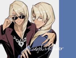 Rule 34 | 2boys, ace attorney, apollo justice: ace attorney, black shirt, blonde hair, brothers, chain, chain necklace, drill hair, formal clothes, glasses, hair over shoulder, hand on another&#039;s shoulder, highres, jacket, jewelry, klavier gavin, kristoph gavin, long hair, looking at viewer, looking back, male focus, multiple boys, multiple rings, necklace, open clothes, open jacket, pink ribbon, popped collar, ribbon, ring, shirt, siblings, side drill, smile, suit, suit jacket, sunglasses, swept bangs, wogesb