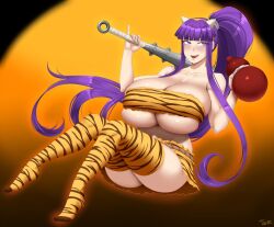 1girl animal_print blunt_bangs blush bottle breasts cleavage club club_(weapon) commission eiken gigantic_breasts halloween halloween_costume headband highres horns kanabou licking_lips long_hair miniskirt misono_kirika no_panties oni_costume oni_horns open_mouth pinky_out ponytail purple_eyes purple_hair rope_belt sake_bottle shiny_skin sidelocks simple_background skindentation skirt strapless thighhighs tiger_print tongue tongue_out tube_top twrlare underboob very_long_hair weapon
