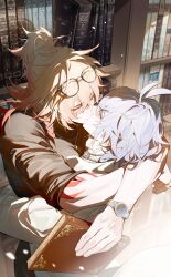 2boys alternate_costume alternate_hairstyle antenna_hair arm_tattoo black_choker black_shirt blonde_hair book braid casual choker closed_eyes collared_shirt eyewear_on_head facial_tattoo gradient_hair hair_between_eyes highres holding holding_book honkai:_star_rail honkai_(series) hug jewelry library male_focus medium_hair multicolored_hair multiple_boys mydei_(honkai:_star_rail) necklace phainon_(honkai:_star_rail) ponytail qinnye red_hair red_tattoo shelf shirt short_hair side_braid sleeves_rolled_up sun_symbol sun_tattoo tan tattoo watch white_hair white_shirt wristwatch yaoi