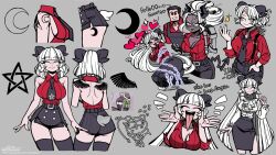 1girl baphomet_(grizz) black_bow black_gloves black_skirt blush boots bow breasts cameo cleavage closed_eyes concept_art crescent crescent_moon demon_girl demon_tail dynamic_pose frog from_side gloves grizz helltaker helltaker_(character) high_heel_boots high_heels highres horns justice_(helltaker) lineart long_tongue moon multiple_expressions official_art open_mouth original reference_sheet skirt speech_bubble sunglasses tail tongue tongue_out vanripper_(style) white_hair wings