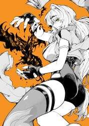 1girl absurdres ass breasts cropped_legs fingerless_gloves from_side gloves greyscale_with_colored_background high-waist_shorts highres jacket large_breasts long_hair looking_at_viewer looking_to_the_side open_clothes open_jacket orange_background parted_lips shorts sideways_glance simple_background single_hair_intake single_thighhigh smile solo spot_color thighhighs very_long_hair yellow_eyes yi_xuan_(zenless_zone_zero) yotsumi_shiro zenless_zone_zero