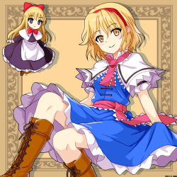 1girl alice_margatroid apron arm_support ascot blonde_hair blue_dress boots bow bowtie breasts brown_boots capelet closed_mouth commentary_request dress empty_eyes feet_out_of_frame frilled_ascot frilled_capelet frilled_dress frilled_sash frills hair_bow hairband happy lace-up_boots long_dress long_hair long_sleeves looking_at_viewer medium_breasts mist9801km pink_ascot pink_sash puffy_short_sleeves puffy_sleeves red_bow red_bowtie red_hairband sash shanghai_doll shirt short_sleeves sitting small_breasts smile solo touhou waist_apron white_apron white_capelet white_shirt yellow_eyes