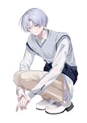18trip 1boy 22kolink closed_mouth full_body grey_vest highres long_sleeves looking_at_viewer male_focus oguro_kafka panties purple_hair shirt short_hair simple_background smile solo squatting underwear vest white_background white_shirt yellow_eyes yellow_panties
