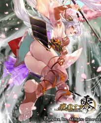 1girl armor ass bad_tag barefoot breasts cameltoe copyright_name dual_wielding feet female_focus from_below grimgrim hair_ornament holding japanese_clothes katana kimono large_breasts long_hair looking_back panties red_eyes sengoku_asuka_zero shiny_skin silver_hair smile soles solo stirrup_legwear sweat sword thighhighs toeless_legwear toes underwear very_long_hair weapon