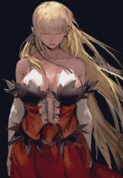 1girl bare_shoulders black_background black_ribbon blonde_hair breasts cleavage closed_eyes closed_mouth collarbone dress elbow_gloves feather-trimmed_dress feather-trimmed_gloves feather_trim frilled_dress frills gloves hair_ribbon highres kiss-shot_acerola-orion_heart-under-blade kizumonogatari large_breasts long_hair monogatari_(series) oshino_shinobu pointy_ears red_dress ribbon simple_background solo strapless strapless_dress taki_(a313131333) vampire very_long_hair white_gloves