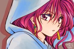1girl akatsuki_no_yona brown_background close-up cocoowo2002 commentary_request earrings eyelashes hood jewelry long_hair looking_at_viewer parted_lips red_eyes red_hair shadow signature simple_background solo wavy_hair yona_(akatsuki_no_yona)