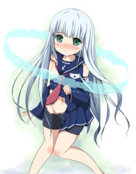 1girl aoki_hagane_no_arpeggio bike_shorts black_shorts blue_hair blue_sailor_collar blue_skirt blunt_bangs blush cameltoe convenient_censoring detached_sleeves female_focus green_eyes highres iona_(aoki_hagane_no_arpeggio) kazura long_hair looking_at_viewer navel necktie no_panties pleated_skirt red_necktie sailor_collar shorts skirt solo torn_clothes