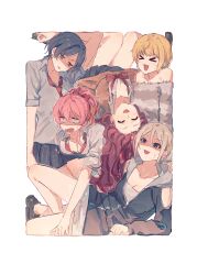 &gt;_&lt; 5girls ^_^ absurdres bare_legs blank_eyes closed_eyes hayami_kanade highres ichinose_shiki idolmaster idolmaster_cinderella_girls invisible_wall jougasaki_mika lipps_(idolmaster) miyamoto_frederica multiple_girls off-shoulder_sweater off_shoulder open_collar partially_unzipped school_uniform shaded_face shiomi_syuko sweatdrop sweater uncomfortable yumi_xsh