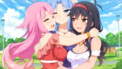 3girls ahoge bench black_hair blue_eyes blue_hair curtained_hair detached_sleeves game_cg hairband hand_on_another&#039;s_head hug jewelry lilim_(sakura_cupid) mitsuki_(sakura_cupid) multiple_girls necklace official_art park park_bench pink_eyes pink_hair red_hairband sakura_cupid serra_(sakura_cupid) smile wanaca yellow_eyes
