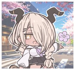 +_+ 1girl ai-assisted ai-generated_background alternate_costume artist_name asymmetrical_bangs azur_lane bag black_skirt blonde_hair blue_sky blurry blurry_background border braid branch breasts brown_horns building cardigan character_name cherry_blossoms chibi chibi_only commentary crosswalk dark_skin day ear_piercing earrings fang flower futaba_(anti_clockwise) highres holding holding_bag horn_ornament horns jewelry large_breasts large_horns long_bangs long_hair long_sleeves low_twin_braids mole mole_under_mouth neckerchief open_mouth outdoors outstretched_arm owari_(azur_lane) piercing pleated_skirt road sailor_collar school_bag school_uniform serafuku shirt skin_fang skirt sky smile street symbol-only_commentary tan tassel tassel_earrings tree twin_braids white_border white_cardigan white_sailor_collar white_shirt