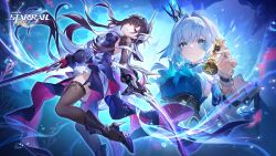 2girls air_bubble asymmetrical_gloves black_gloves black_hair black_thighhighs blue_dress blue_eyes blue_fire blue_hair blunt_bangs bright_pupils bubble cerydra_(honkai:_star_rail) chess_piece closed_mouth crown dress earrings fire fish floating_hair gloves hair_ornament highres holding holding_chess_piece holding_sword holding_weapon honkai:_star_rail honkai_(series) hysilens_(honkai:_star_rail) jewelry long_hair long_sleeves looking_at_viewer mini_crown mismatched_gloves multicolored_hair multiple_girls official_art parted_lips purple_eyes red_gloves ring sword thighhighs weapon white_pupils