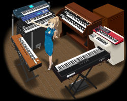 1girl alternate_hairstyle blonde_hair blue_eyes breasts china_dress chinese_clothes cleavage cleavage_cutout clothing_cutout dress eyebrows female_focus instrument k-on! keyboard_(instrument) korg korg_triton kotobuki_tsumugi long_hair medium_breasts mellotron organ_(instrument) piano ponytail product_placement richard_crazyman solo synthesizer yamaha