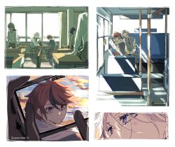 2boys ahoge aotsuki_eito bag belt black_belt black_gloves black_necktie black_streaks blue_eyes book border brown_pants bus cellphone drawstring glasses gloves grey_hair grey_jacket highres holding holding_book hood hoodie jacket leaning_on_person light_blush looking_ahead looking_at_viewer male_focus motor_vehicle multicolored_hair multiple_boys multiple_views necktie on_chair pants phone purple_eyes recording red_hair school_bag shirt short_hair smartphone streaked_hair sumino_takumi the_hundred_line_-last_defense_academy- toramaru_(696anna) white_border white_hoodie white_shirt window writing
