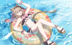 1girl absurdres animal_ear_fluff animal_ears arm_up bare_legs bare_shoulders bikini black_bikini blue_eyes bow bowtie cat_ears cat_girl cat_tail commentary_request from_above hair_ornament highres honkai_(series) honkai_impact_3rd innertube legs looking_at_viewer luyue navel official_alternate_costume one_eye_closed open_mouth pardofelis pardofelis_(midsummer_collector) pink_bow pink_bowtie sandals smile solo stomach swim_ring swimsuit tail thighs toes