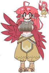 Rule 34 | 1girl, absurdres, ahoge, animal ears, bird ears, bird legs, blush, breast curtain, breasts, coco (eogks), commentary, feathers, hair tubes, harpy, highres, large breasts, long hair, midriff, monster girl, navel, nn (eogks), open mouth, original, red feathers, red hair, red wings, reference inset, revision, sideboob, simple background, solo, talons, very long hair, white background, winged arms, wings