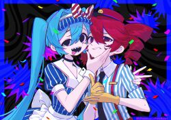 2girls @_@ alternate_costume apron black_background black_choker black_necktie blue_background blue_border blue_dress blue_hair blue_hat blue_shirt border bow buttons choker clenched_teeth collared_shirt confetti double-breasted dress drill_hair grabbing_another&#039;s_face hair_between_eyes hands_on_another&#039;s_cheeks hands_on_another&#039;s_face hat hat_bow hatsune_miku head_grab help_(american_sign_language) highres kasane_teto kepi leaning_to_the_side looking_at_viewer mesmerizer_(vocaloid) military_hat morse_code_commentary multiple_girls necktie pinstripe_dress pinstripe_hat pinstripe_pattern puffy_short_sleeves puffy_sleeves red_bow red_hat ribbon sailor_collar sharp_teeth shirt short_sleeves side_drill sleeves_rolled_up solid_circle_eyes striped_clothes striped_shirt sweat teeth thumbs_up tongue tongue_out twin_drills two-tone_bow two-tone_shirt utau v visor_cap vocaloid waist_apron white_bow white_ribbon white_sailor_collar white_shirt wing_collar zzhenpotatochips