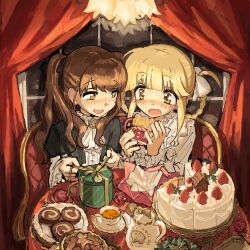 2girls black_dress blonde_hair blush blush_stickers bow box braid braided_hair_rings brown_hair cake collared_dress cup curtains dress fang food frilled_dress frilled_sleeves frills fruit gift gift_box gingerbread_cookie hair_bow hair_rings highres indoors long_hair long_sleeves looking_at_another multiple_girls open_mouth original oyasumi_guu_guu sidelocks sitting smile strawberry strawberry_cake swiss_roll table tea teacup teapot twintails white_dress wide-eyed window yellow_eyes